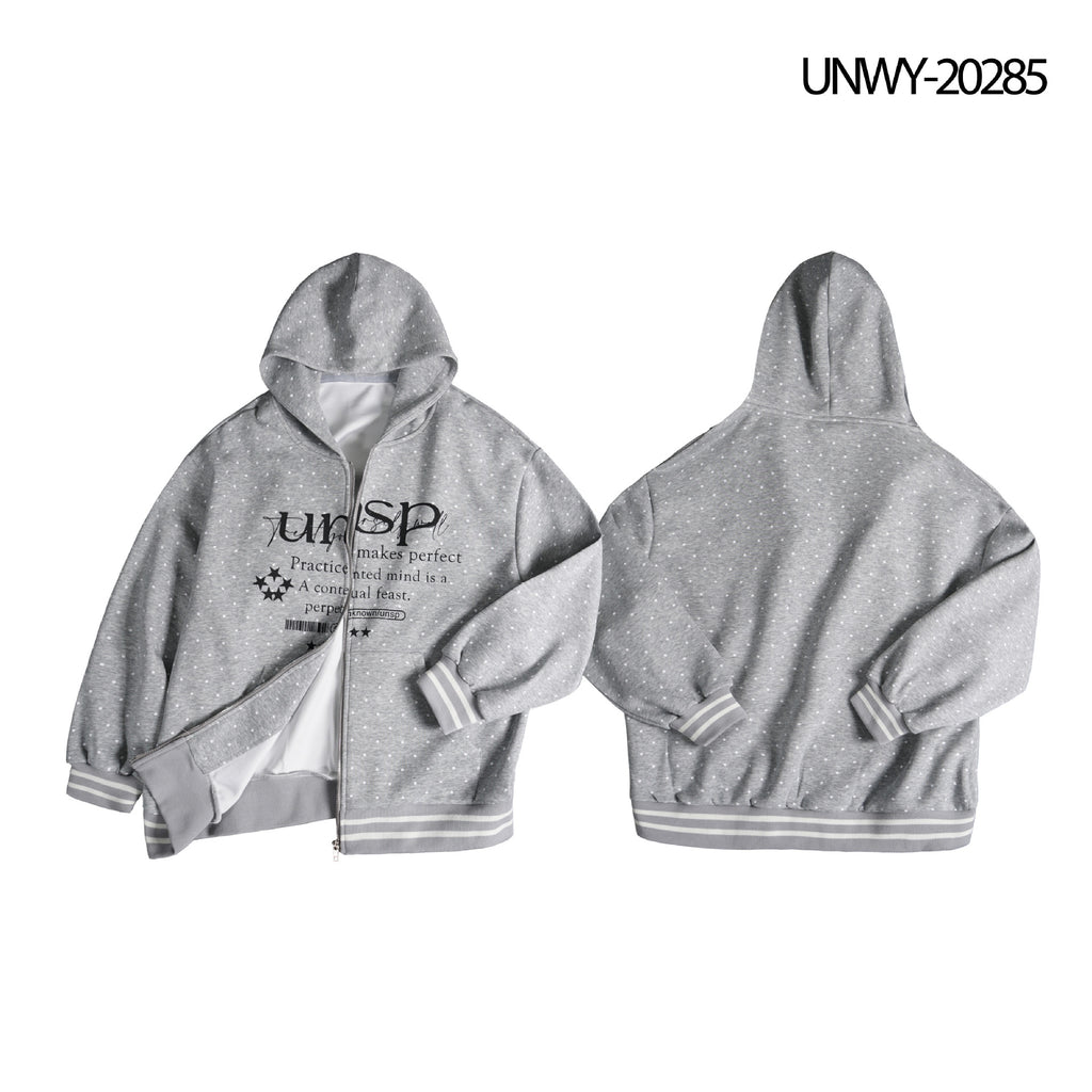 Grey Printed Hooded Zip-Up Jacket