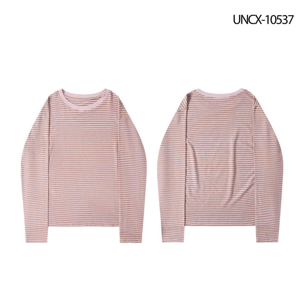 Pink Striped Long Sleeve Crew Neck T-Shirt