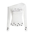White Star Print Off-Shoulder Long Sleeve Top