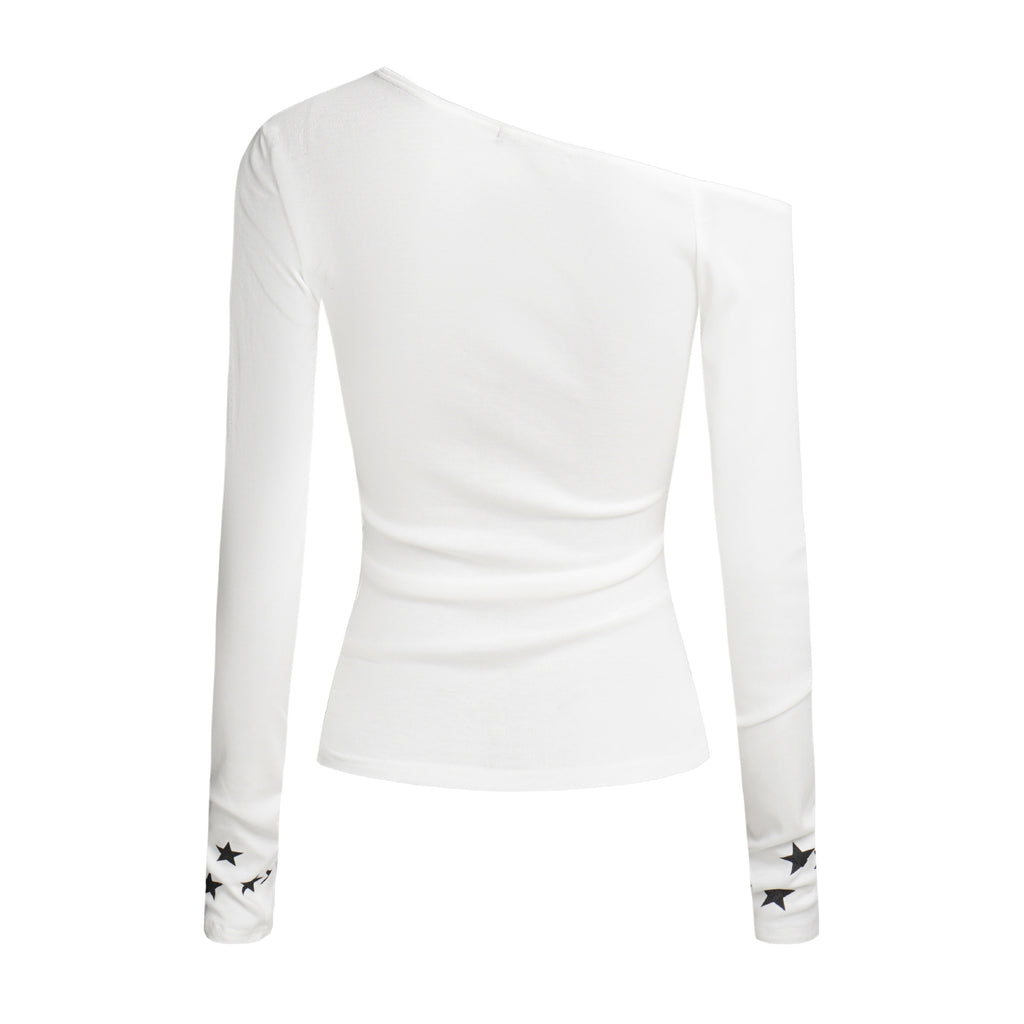 White Star Print Off-Shoulder Long Sleeve Top