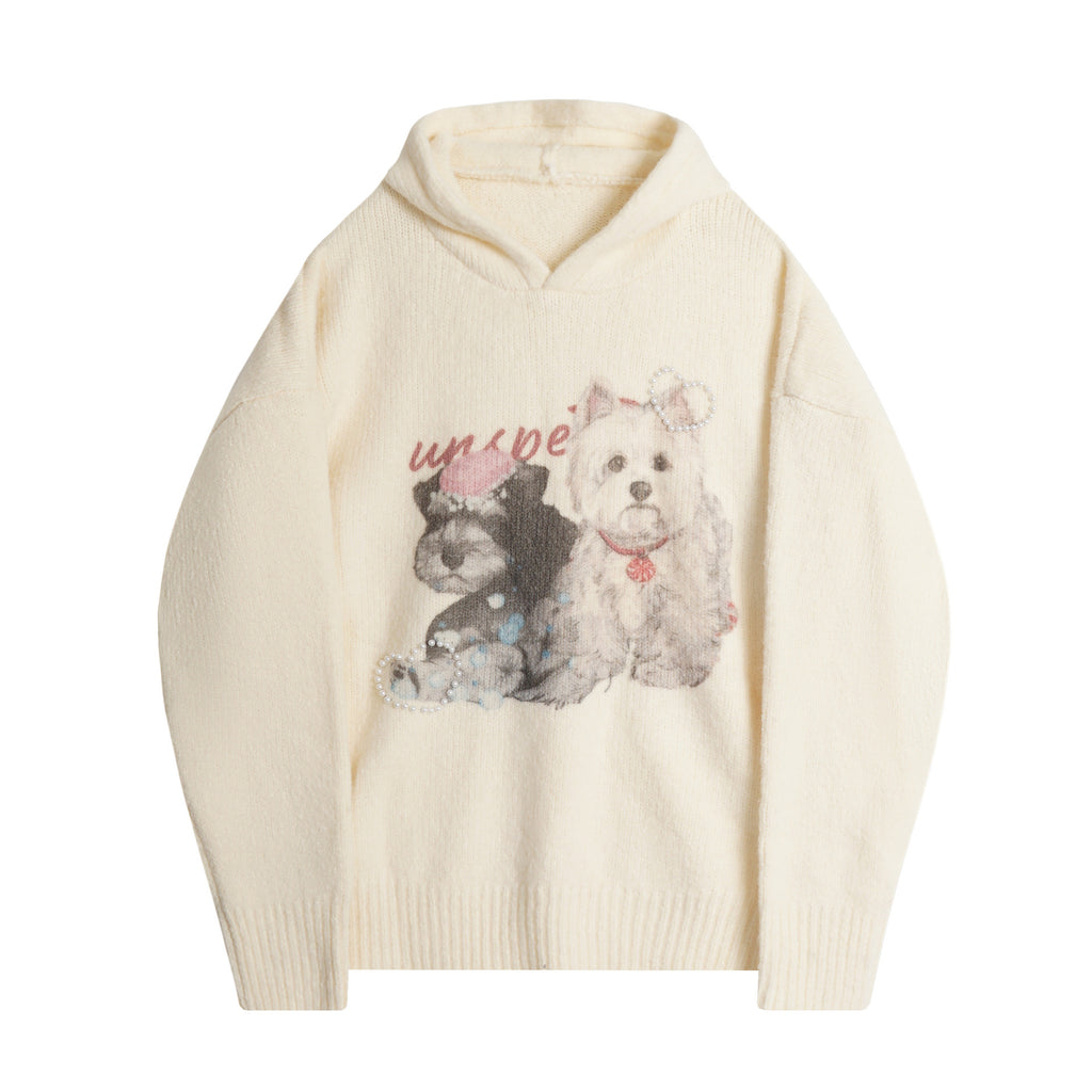 Sweet Faux Mink Cartoon Cat Appliqu Cable Knit Sleeve V-Neck Loose Pullover Sweater