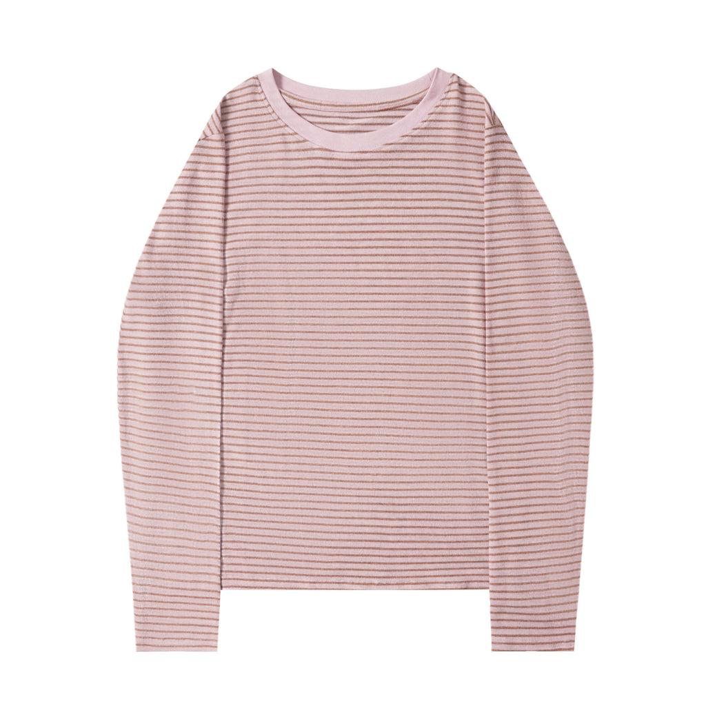 Pink Striped Long Sleeve Crew Neck T-Shirt