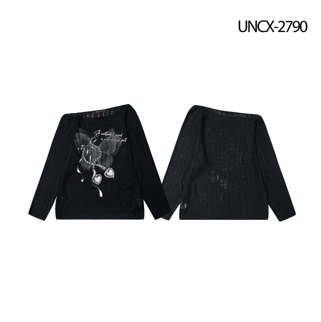 Black Heart Print Asymmetric Neck Long Sleeve Top