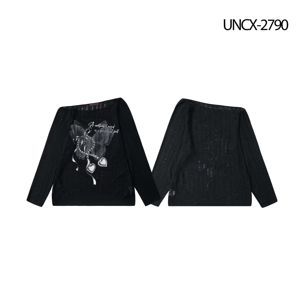 Black Heart Print Asymmetric Neck Long Sleeve Top