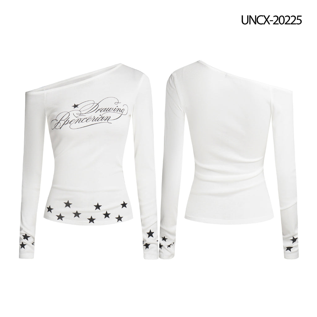 White Star Print Off-Shoulder Long Sleeve Top