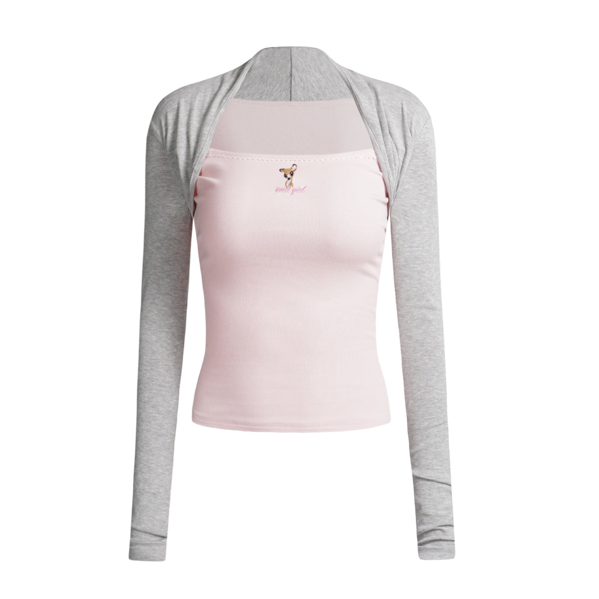 Long Sleeve Square Neck Dog Embroidery Splicing T-Shirt