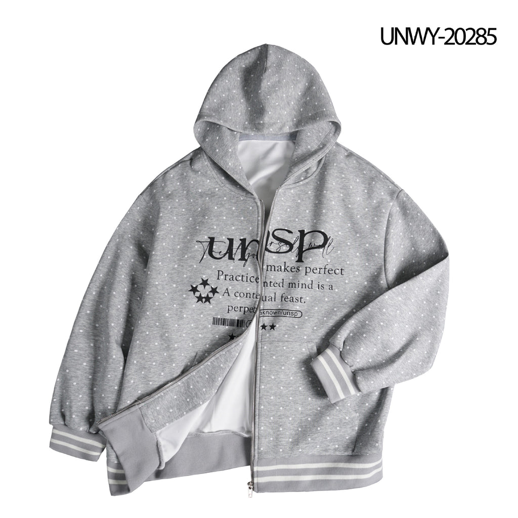 Grey Printed Hooded Zip-Up Jacket