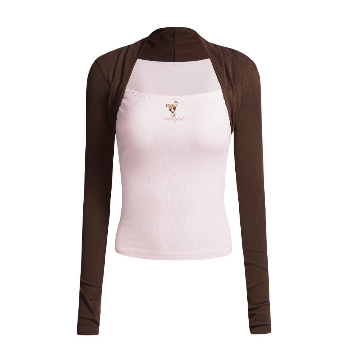 Long Sleeve Square Neck Dog Embroidery Splicing T-Shirt