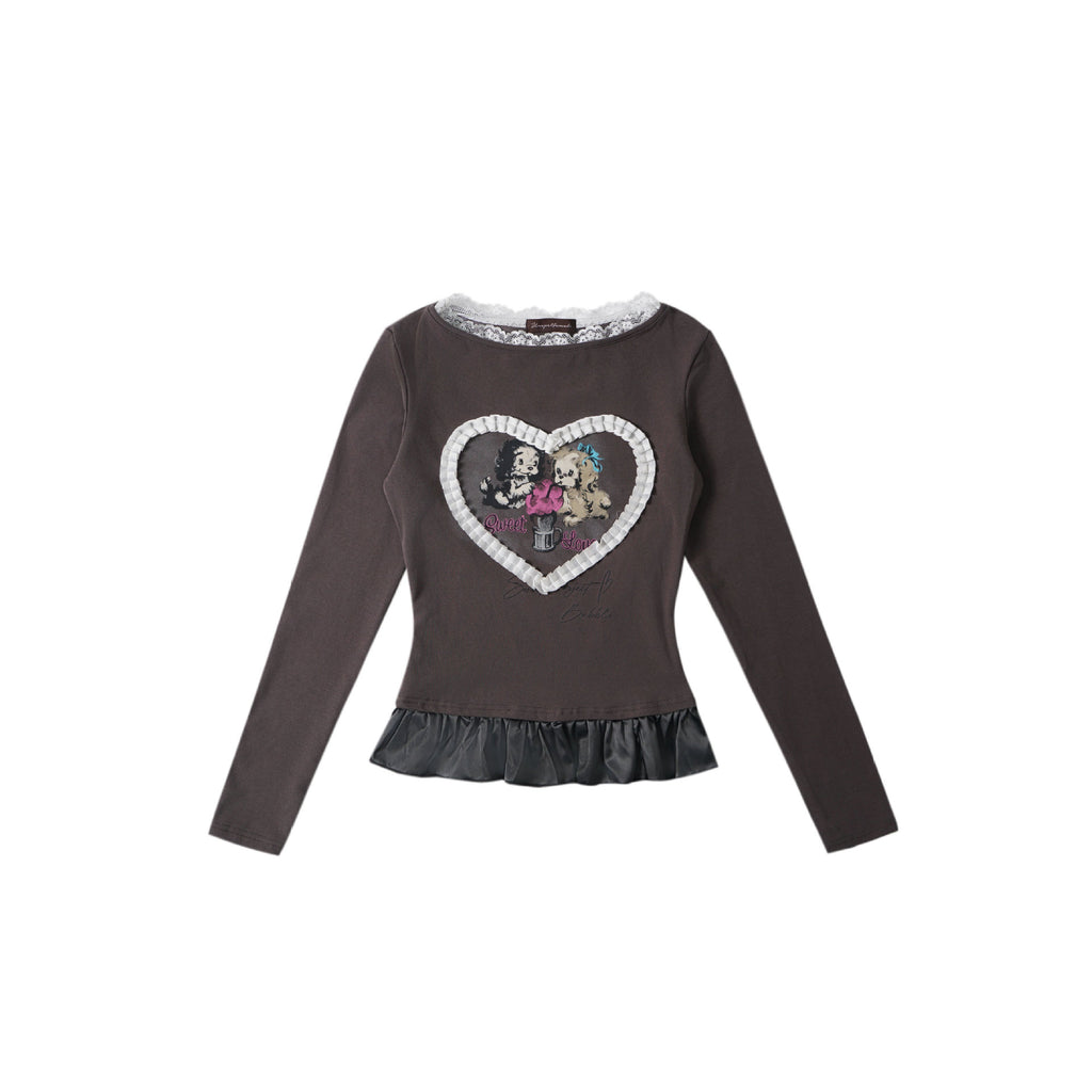 Heart Cartoon Print Long Sleeve Round Neck T-Shirt