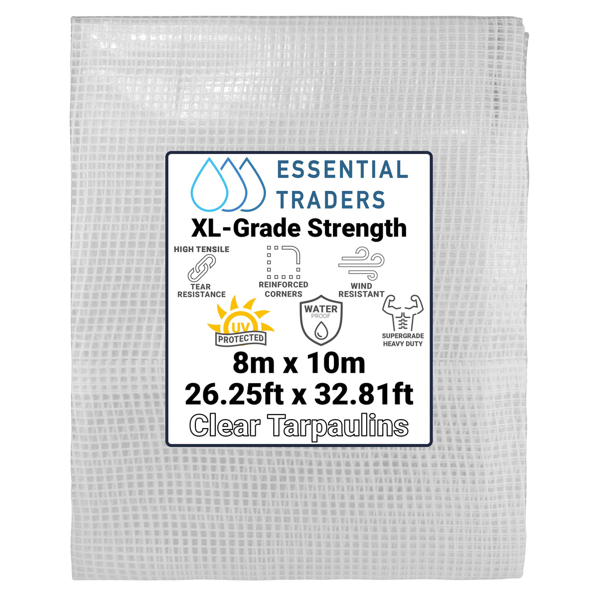 8m x 10m Clear Tarpaulins, XL-Grade 300 GSM