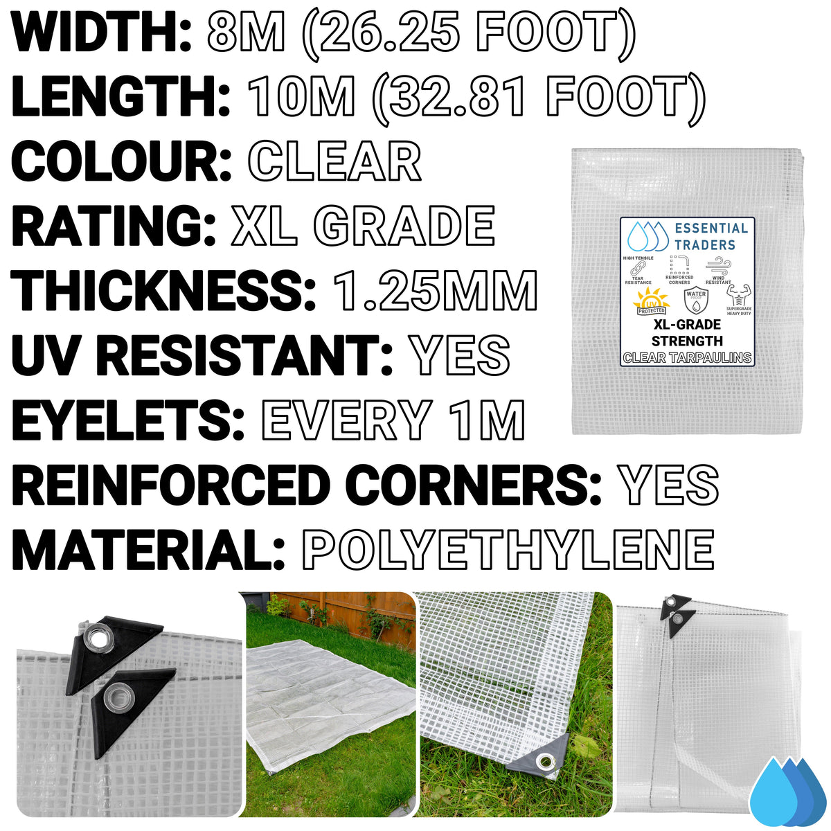 8m x 10m Clear Tarpaulins, XL-Grade 300 GSM