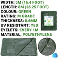 5m x 8m Green Tarpaulins, M-Grade 90 GSM