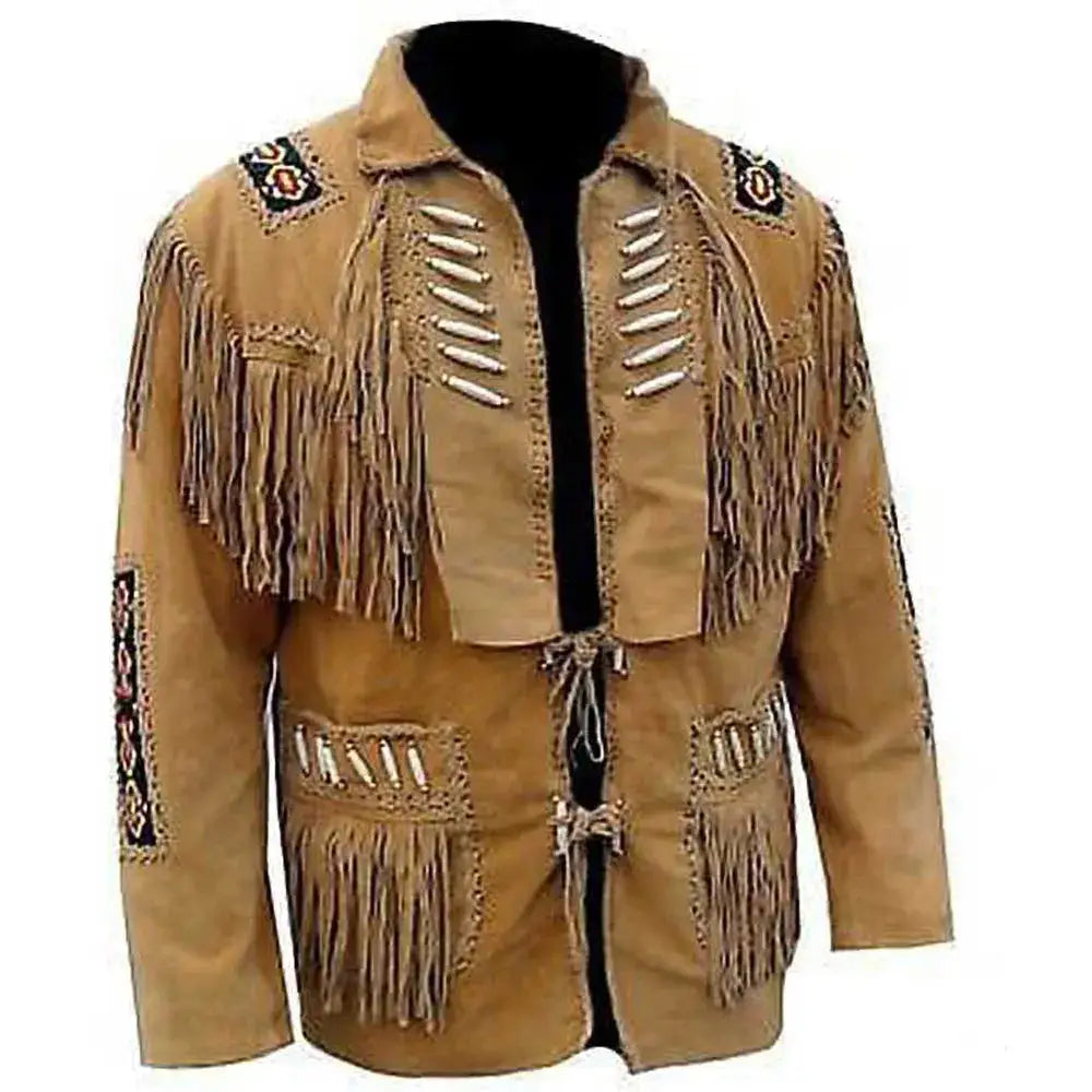Men's Tan Brown Western Fringe Leather Jacket